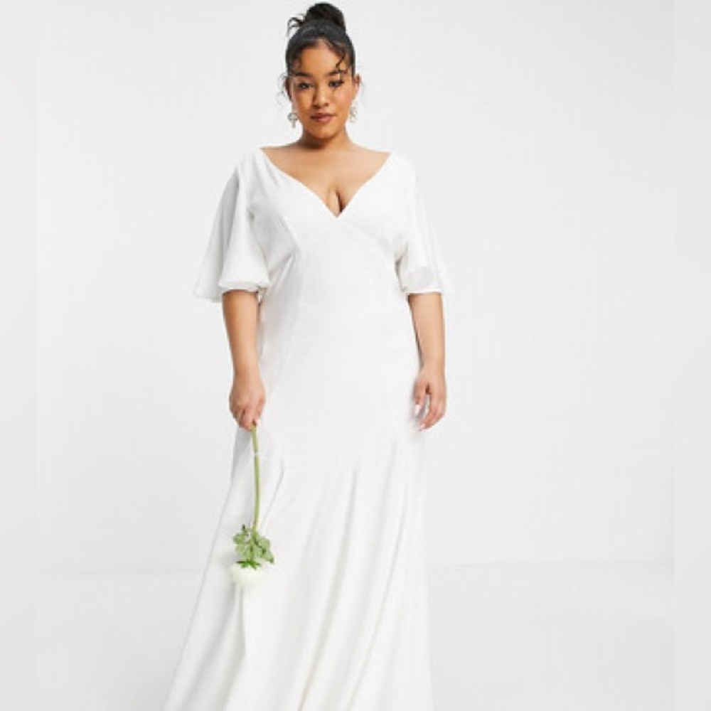 ASOS EDITION Curve Serenity satin wedding dress with flutter sleeve - Picture 3 of 3
